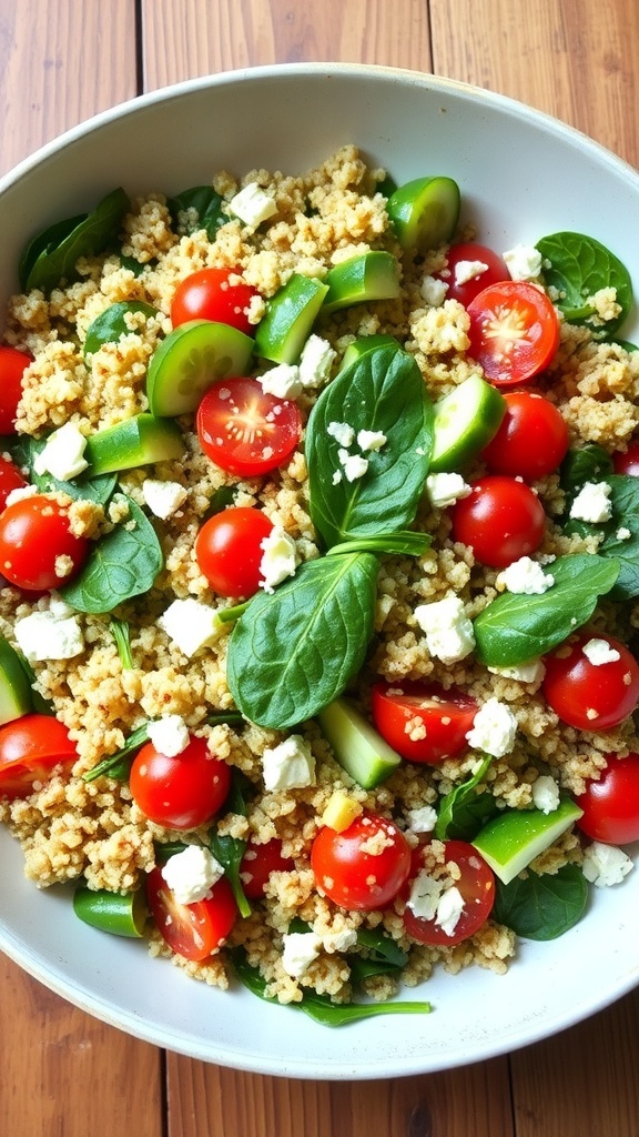 A colorful quinoa spinach salad with cherry tomatoes, cucumber, feta cheese, and walnuts in a bowl on a wooden table.
